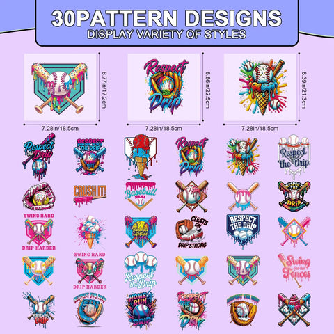 DTF Transfers Ready To Press 30 Sheets Ice Cream Drip Baseball Iron On Patches For T Shirts Funny Sports Heat Transfer Decals
