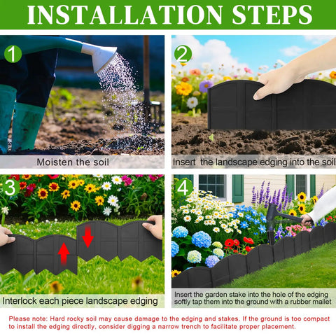 Installation steps for 20 Ft Black Garden Edging Border Set With 20 Stakes 7.8 Inch High Landscape Edging For Flower Beds And Lawn Borders