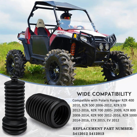 Beefy Steering Rack Boot Replacement For Ranger UTV Fits Polaris Ranger RZR 400 500 570 700 800 900 1000 Two Pack Replaces 5412012 5412013 Durable Dust Seal Boot With Easy Install And Wide Compatibility For Off Road Rides shown with a red off-road vehicle.