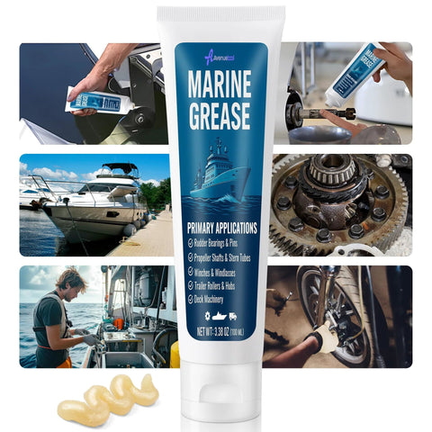 Marine grease tube, white with blue label, 200 ml; used for boat propeller shafts, rudder bearings, trailers and deck machinery
