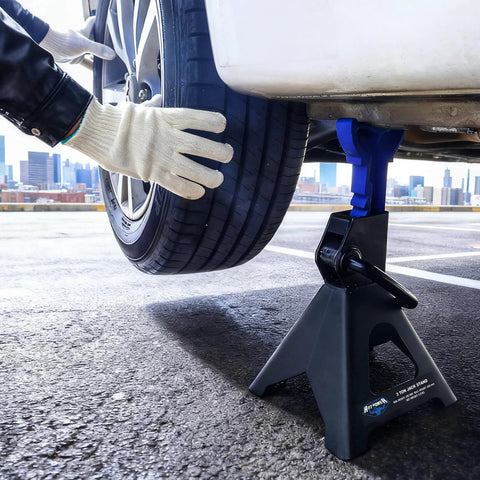 ANTPOWER 3-Ton jack stand with blue adjustable post and black base supporting a car tire