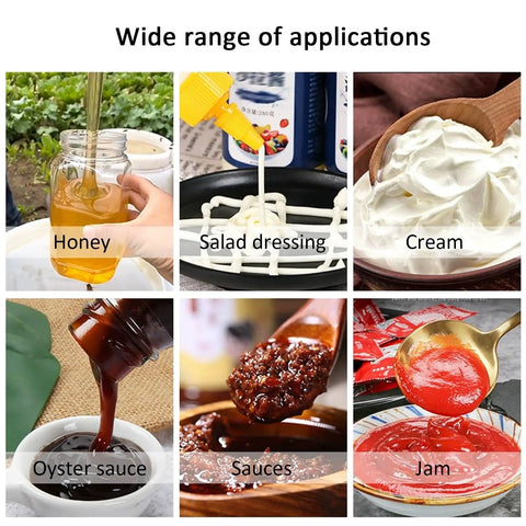 Wide range of applications showcasing No Fuss Paste Filling Machine With Digital Display And Foot Switch for honey, cream, and sauces.