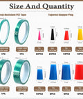 Size and quantity details of All In One 105Pcs Powder Coating Plug Kit With Heat Resistant Silicone Rubber Tapered Plugs And PET Masking Tape.