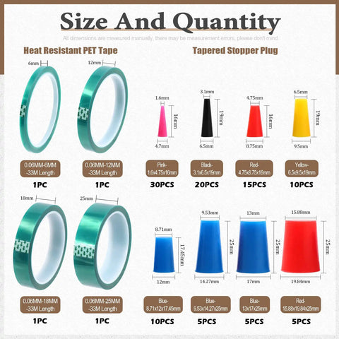Size and quantity details of All In One 105Pcs Powder Coating Plug Kit With Heat Resistant Silicone Rubber Tapered Plugs And PET Masking Tape.