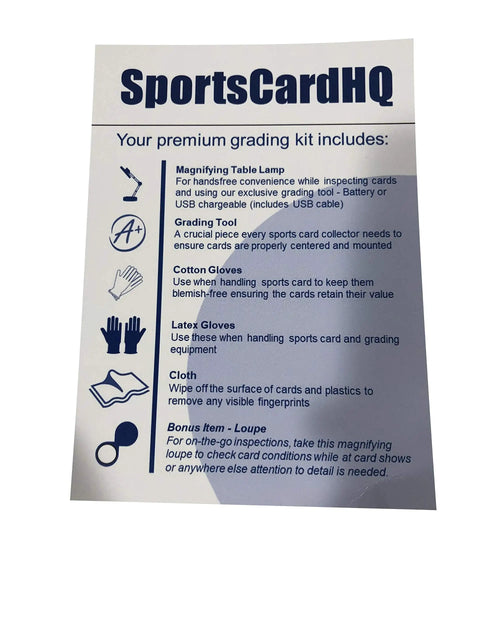 List of items included in Premium Pro Grade LED Magnifying Glass And Centering Tool For Sports Card Grading Kit with gloves and loupe.