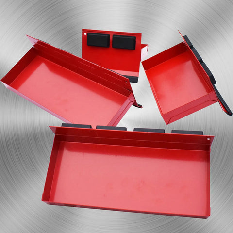 4 Piece Magnetic Tool Tray Set With Red Metal Trays And Strong Magnets For Van Workshop Storage And Garage Toolbox Organization Includes 12 10 8 And 6 Inch Trays For Small Parts And Tools displayed on shiny background.