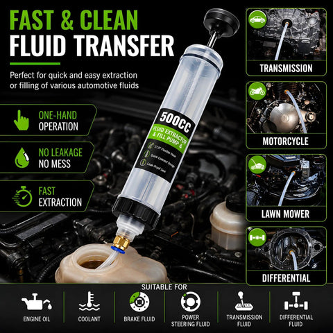 Heavy Duty 500CC Fluid Extractor Pump With Dual Hoses For Quick Oil And Transmission Swap, extracting fluid from an engine.