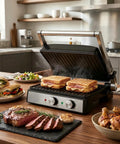 KEINVE 1700W Panini Press Grinder With Adjustable Temp And Time Controls For Perfect Melts Great Non Stick Coating with grilled sandwiches and steak.