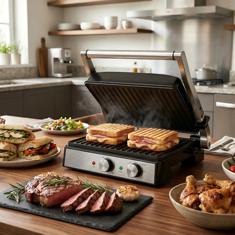 KEINVE 1700W Panini Press Grinder With Adjustable Temp And Time Controls For Perfect Melts Great Non Stick Coating with grilled sandwiches and steak.