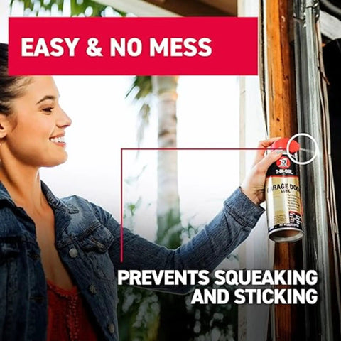 Person using Pro Grade Garage Door Lubricant Twin Pack With Smart Straw Sprays 2 Ways 11 Oz Each to prevent squeaks.