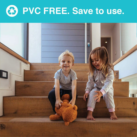 Children sitting on wooden stairs with a teddy bear, showcasing Clear Non Slip Tape 4 Inch By 30 Feet, Grippy Anti Slip Adhesive for safety.