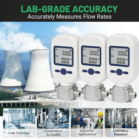 Portable Gas Mass Flow Meter Tester With Pro Grade Precision For Air Nitrogen And Oxygen On The Go Handheld Flow Rate Meter 0 To 250 Liters Per Minute MF5712 with lab applications and industrial use scenes