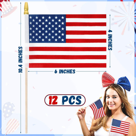 12 Pack Small American Flags On Sticks 4x6 Inches For Fourth Of July Memorial Day Veterans Day Decorations Handheld USA Flags