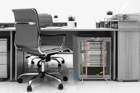 Tough As Nails 18U Server Rack Cabinet With Locking Doors in office setting, 39 Inch Deep heavy duty steel with digital temp controller.