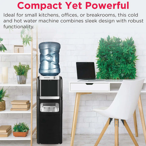 No Fuss Three In One Hot And Cold Water Cooler Dispenser Featuring Built In Bullet Ice Maker And Simple Top Load Five Gallon Bottle Compact Black Finish in kitchen setting.