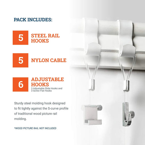 Picture Rail Hanging System Kit Five Pack Gallery Set with white hooks and invisible wire on display for art display setup.