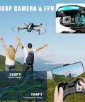 1080P HD FPV Foldable Camera Drone For Adults And Beginners shown flying in mountains, remote control displayed in use
