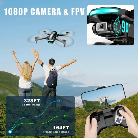 1080P HD FPV Foldable Camera Drone For Adults And Beginners shown flying in mountains, remote control displayed in use