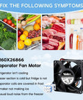 Image showing WR60X26866 evaporator fan motor alongside refrigerator symptoms chart.