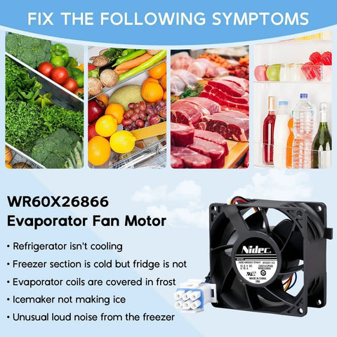 Image showing WR60X26866 evaporator fan motor alongside refrigerator symptoms chart.