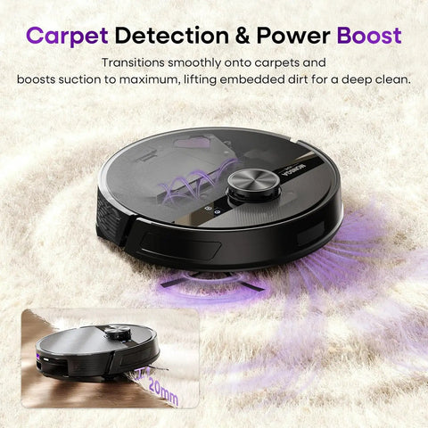 Boss Level Robot Vacuum And Mop Combo With 7000Pa Suction, Lidar Navigation in action on carpet for deep cleaning.