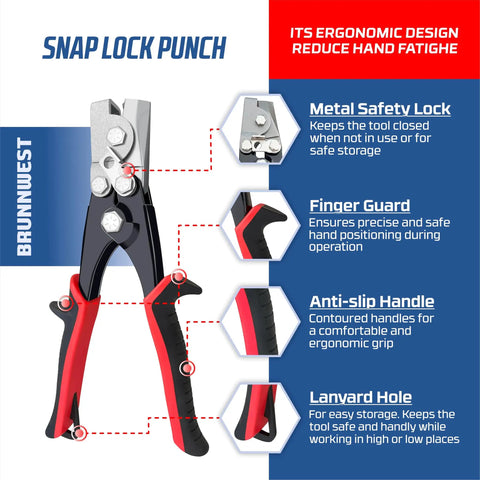 Snap Lock Punch Tool for Sheet Metal and Ductwork, Gutter End Cap Crimper, ergonomic design details, red and black handle