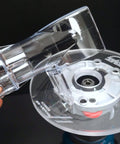 Knockout Router Base Plate Dead Nuts Fits Bosch Colt 18V Power Tool With 6 Inch Round Clear Acrylic Pre Drilled Holes For Standard Template Guide Bushings Made In Usa showing clear acrylic base and attached accessory.