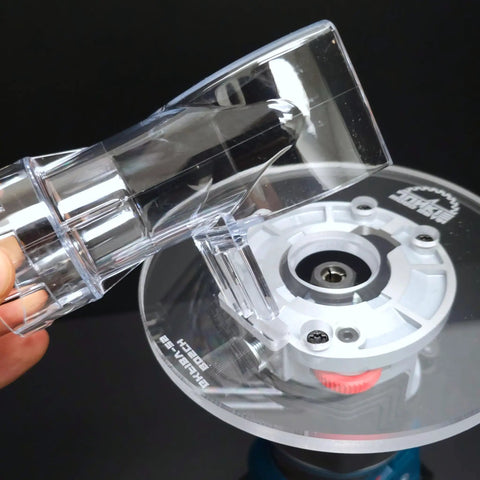 Knockout Router Base Plate Dead Nuts Fits Bosch Colt 18V Power Tool With 6 Inch Round Clear Acrylic Pre Drilled Holes For Standard Template Guide Bushings Made In Usa showing clear acrylic base and attached accessory.