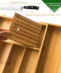 Natural Bamboo Utensil Drawer Organizer Expandable Cutlery Tray showing removable steak knife section with knife.