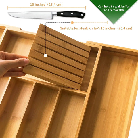Natural Bamboo Utensil Drawer Organizer Expandable Cutlery Tray showing removable steak knife section with knife.