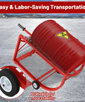 Heavy Duty Drum Dolly For 55 Gallon Barrels, 600 Pound Steel Cart With Smooth Glide Casters, retractable dump lever in red color.