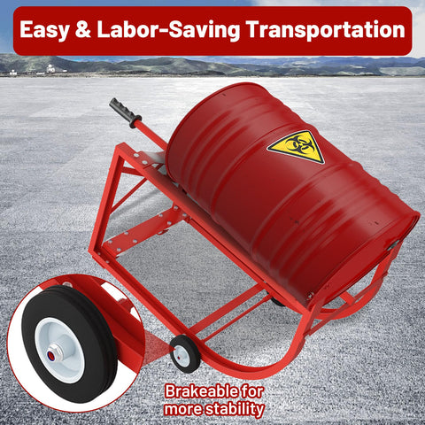 Heavy Duty Drum Dolly For 55 Gallon Barrels, 600 Pound Steel Cart With Smooth Glide Casters, retractable dump lever in red color.