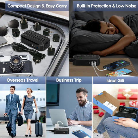 Collage showing US To Europe 2300W Must Have Travel Power Converter 220V To 110V and its versatility in travel and gifting