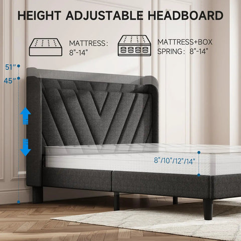 Prime Queen Platform Bed Frame Featuring Adjustable Wingback Headboard And Built In Type C Usb Charging Ports Legit Heavy Duty Wood Slats Support Smooth Assembly No Box Spring Needed Dark Gray Chill Vibe with adjustable height headboard.
