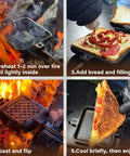 Heavy Duty Cast Iron Campfire Pie Maker Set for Camping Hobo Pie Iron in use for making sandwiches and desserts over fire