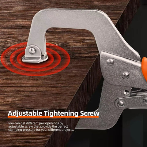 Close-up of Three Pack 11 Inch Locking Pliers Heavy Duty Vice Grips For Welding showing adjustable tightening screw on wood surface.