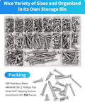 Top Shelf 304 Stainless Steel Wood Screws Assortment Kit With Phillips Flat Heads And Self Tapping Design Made For Fixin Up Patios Or Garages Comes Rigged With 550 Pieces Sizes 4 Through 12, organized in a storage bin.