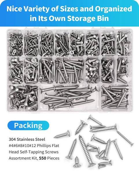 Top Shelf 304 Stainless Steel Wood Screws Assortment Kit With Phillips Flat Heads And Self Tapping Design Made For Fixin Up Patios Or Garages Comes Rigged With 550 Pieces Sizes 4 Through 12, organized in a storage bin.