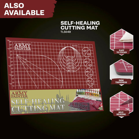 Army Painter Self-Healing Cutting Mat with grid lines and product features, part of One Box Fits All Hobby Tool Kit With Glue And Six Essential Tools For Miniature Assembly Drill With Bits Knife Side Cutter Sculpting Tool And Green Stuff For Warhammer And Dnd Models Plastic Resin And Metal Miniatures