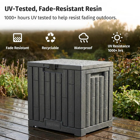 Outdoor Storage Box 31 Gallon Waterproof Resin Deck Box For Backyard Patio Cushions Gardening Tools And Gear Indoor Outdoor Use Lockable UV Resistant Weatherproof Durable Grey with fade-resistant features on patio
