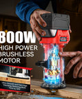 Cordless Compact Router Compatible With Milwaukee Batteries Offering Six Variable Speeds Up To Thirty Thousand Rpm Eight Hundred Watt Woodworking Machine showing high power brushless motor.