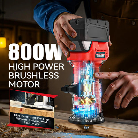 Cordless Compact Router Compatible With Milwaukee Batteries Offering Six Variable Speeds Up To Thirty Thousand Rpm Eight Hundred Watt Woodworking Machine showing high power brushless motor.