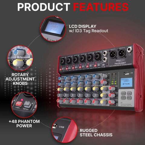 8 Channel Wireless DJ Mixer With Bluetooth And USB Audio Interface PMX848BT features with rotary knobs and LCD display
