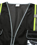 Men's Black High Visibility Safety Vest With Zip Front And Cargo Pockets Class 2 Reflective Work Vest Job Site Ready Crew Approved showing front mesh design and reflective strips.