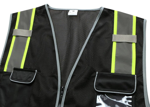 Men's Black High Visibility Safety Vest With Zip Front And Cargo Pockets Class 2 Reflective Work Vest Job Site Ready Crew Approved showing front mesh design and reflective strips.