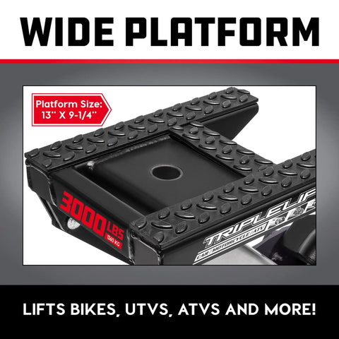 Big Wheel Three In One Garage Jack for Cars Trucks and Motorcycles with One and a Half Ton Capacity and 3000 Pound Lift, platform size 13 x 9.25 inches