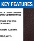 Key features of Silicon Carbide 12x18 Floor Sanding Sheets 20 Grit 20 Pack Precut For Square Buffs; tear resistance and durability.