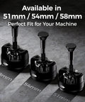 Kick Up Your Espresso Game With This Heavy Duty 58mm WDT Tool Featuring 14 Micron Needles To Crush Clumps And Stop Channeling Auto Rotate Grip Adjustable Depth Magnetic Dock Home Setup Essential in black, showcasing sizes 51mm, 54mm, 58mm.