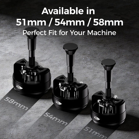 Kick Up Your Espresso Game With This Heavy Duty 58mm WDT Tool Featuring 14 Micron Needles To Crush Clumps And Stop Channeling Auto Rotate Grip Adjustable Depth Magnetic Dock Home Setup Essential in black, showcasing sizes 51mm, 54mm, 58mm.