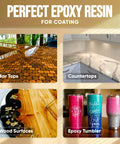 Top Tier Table Top Epoxy Resin Kit For Bars And Counters With Killer UV Resistance And Straight Up Crystal Clear High Gloss Finish For Serious Handmade Creators, shown on bar tops and countertops.